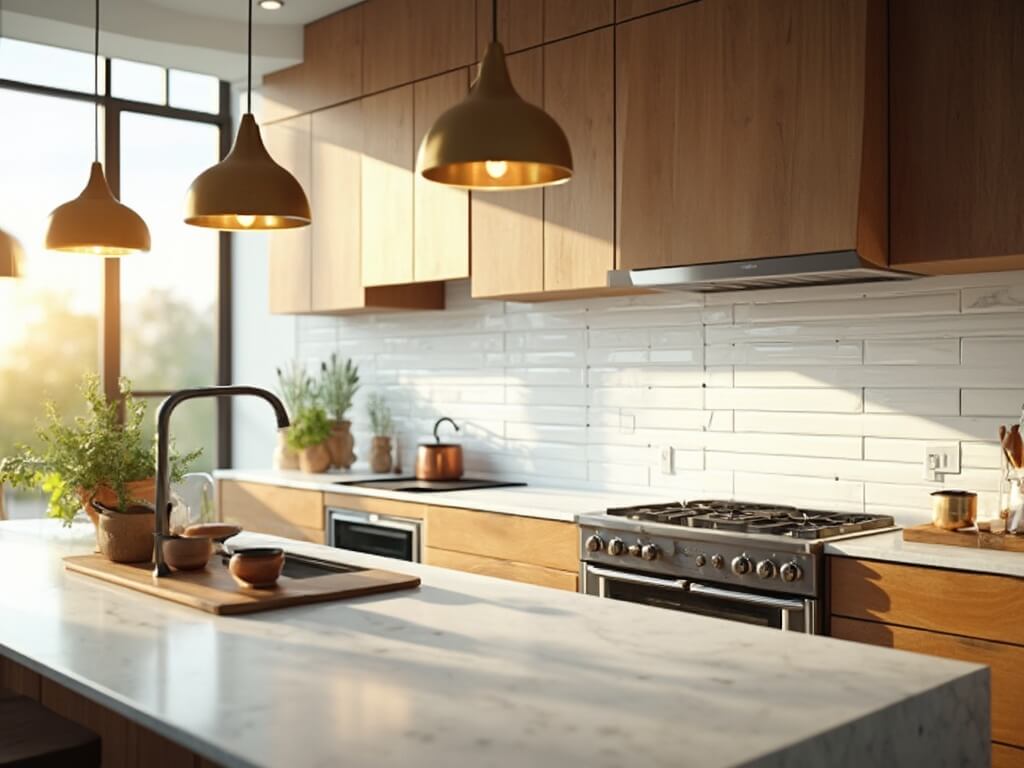 "Modern kitchen with white subway tile backsplash, warm oak cabinetry, marble island, and copper cookware in sunlit setting."