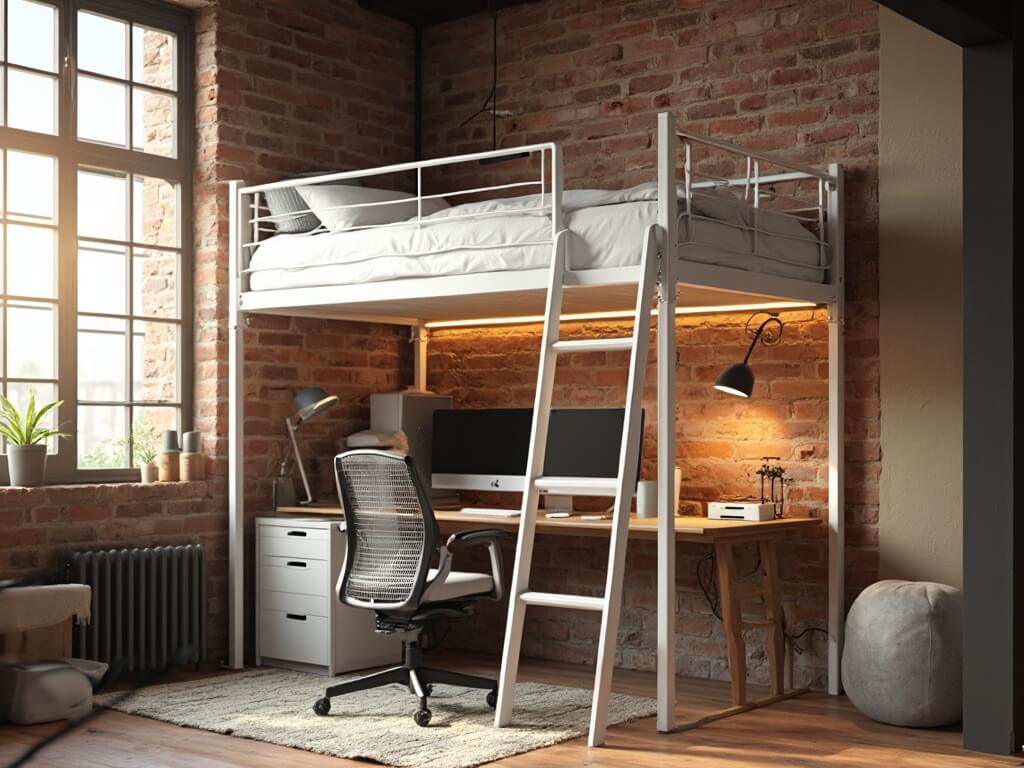 "Modern minimalist loft bed in a studio apartment with home office setup, bathed in golden hour sunlight"