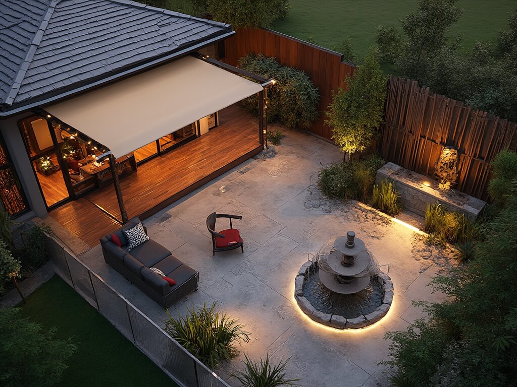 "Luxury multi-level backyard with modern seating, Zen meditation corner, three-tier fountain, and dining area at golden hour"