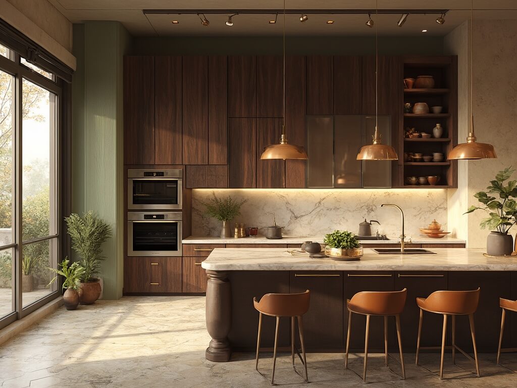 "Luxury modern kitchen in warm tones with walnut cabinets, marble waterfall island, integrated appliances, sage green accent wall, and hexagonal floor tiles, bathed in soft golden hour sunlight"
