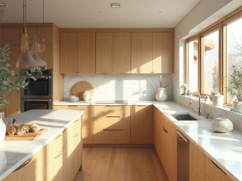 "Modern oak kitchen with Calacatta Gold marble countertops and brass accents, bathed in morning sunlight"