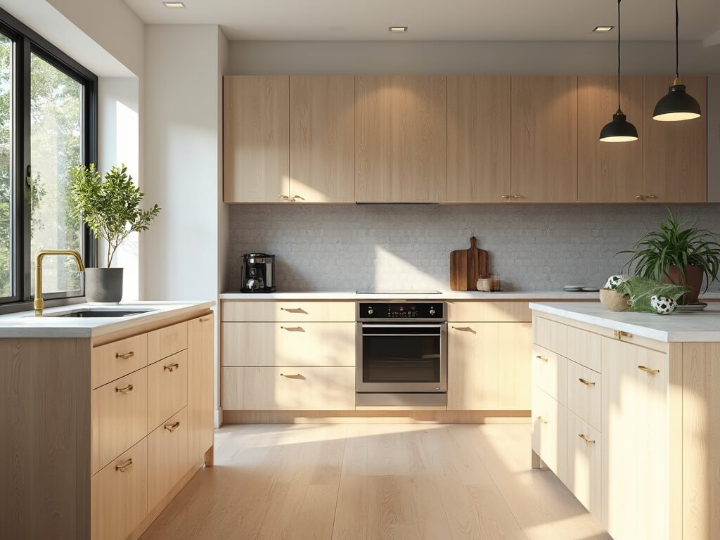 "Sun-drenched Scandinavian kitchen interior with maple Shaker-style cabinets, white quartz countertops, and minimalist brass pulls"