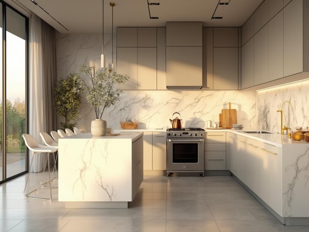 "Modern taupe kitchen interior with quartz waterfall island, stainless steel appliances, and architectural details during golden hour"