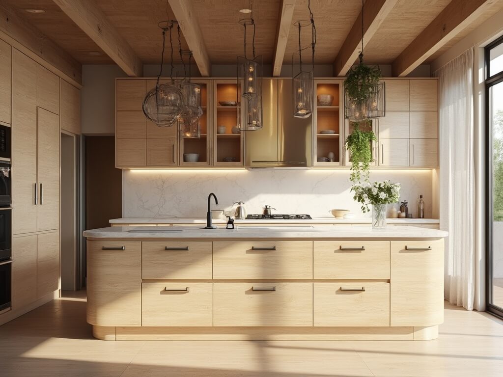"Modern white oak kitchen interior with sunlight, waterfall island, pendant lights, and high-end appliances"