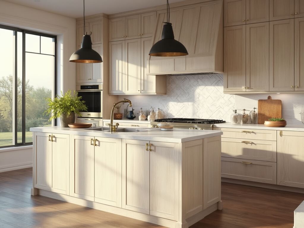 "Sunlit contemporary kitchen with Benjamin Moore Pale Oak cabinets, Taj Mahal Quartzite waterfall island, and professional-grade appliances, styled with artisanal ceramics and fresh herbs."