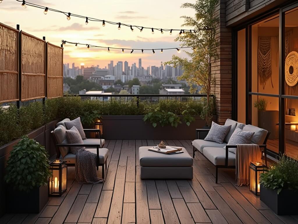 "Stylish urban balcony with teak decking, modern furnishings, string lights, and greenery at golden hour"