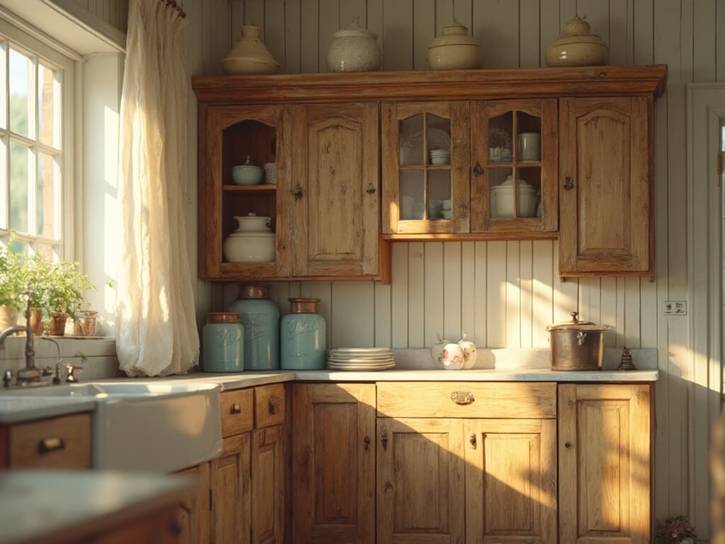 "1920s oak kitchen cabinet with vintage decor in sunlit farmhouse kitchen"
