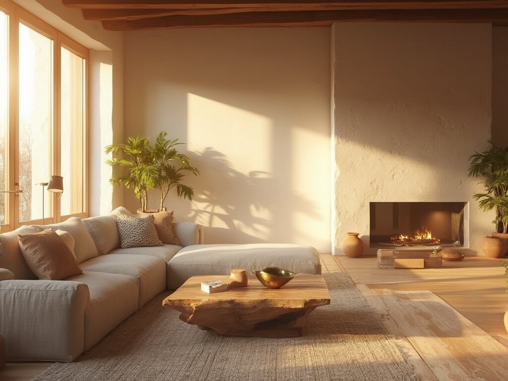 "Warm minimalist living room with natural sunlight, oatmeal linen sectional sofa, solid oak coffee table, handwoven wool rug, and plant decorations during golden hour"