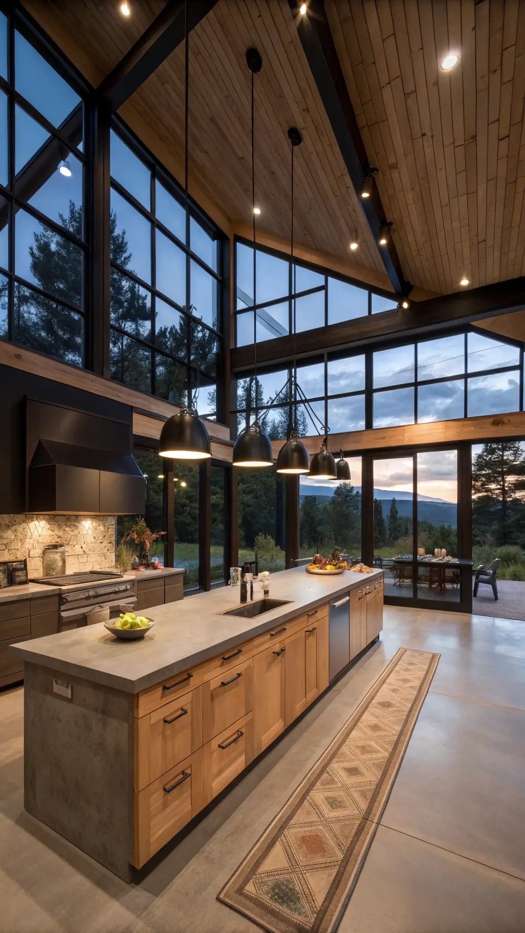 Modern rustic open-concept kitchen with 12ft ceilings, black steel-framed windows, bleached oak cabinets, concrete countertops, and blackened steel hardware, decorated with vintage kilim runner, industrial pendant lights, and neutral-toned ceramics, captured from wide angle shot from the dining area at twilight.