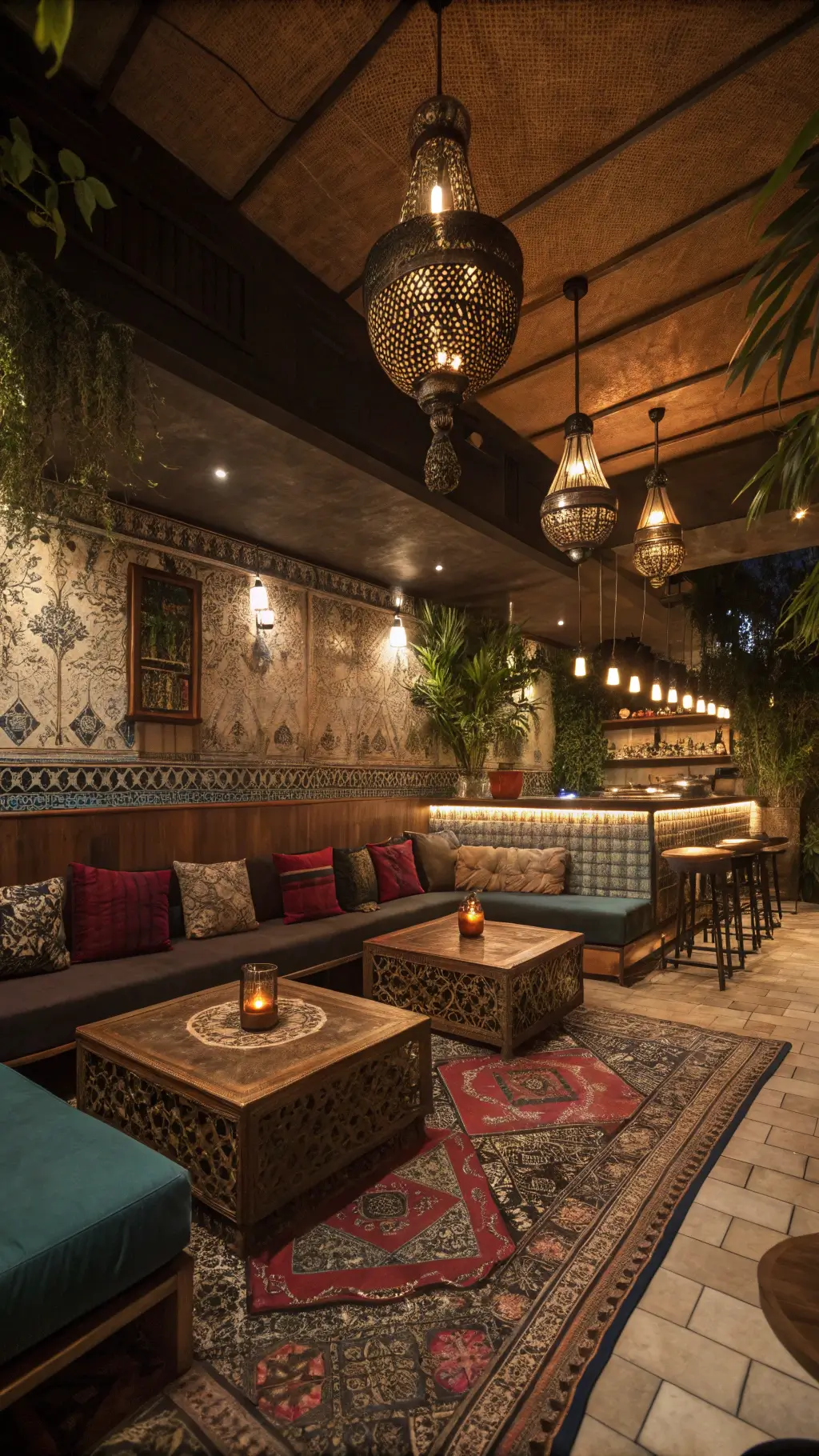 Bohemian basement bar at night with Moroccan lamps, velvet seating, carved coffee tables, vintage Persian rugs, a copper bar top, colorful tile backsplash, and abundant plants under moody lighting.