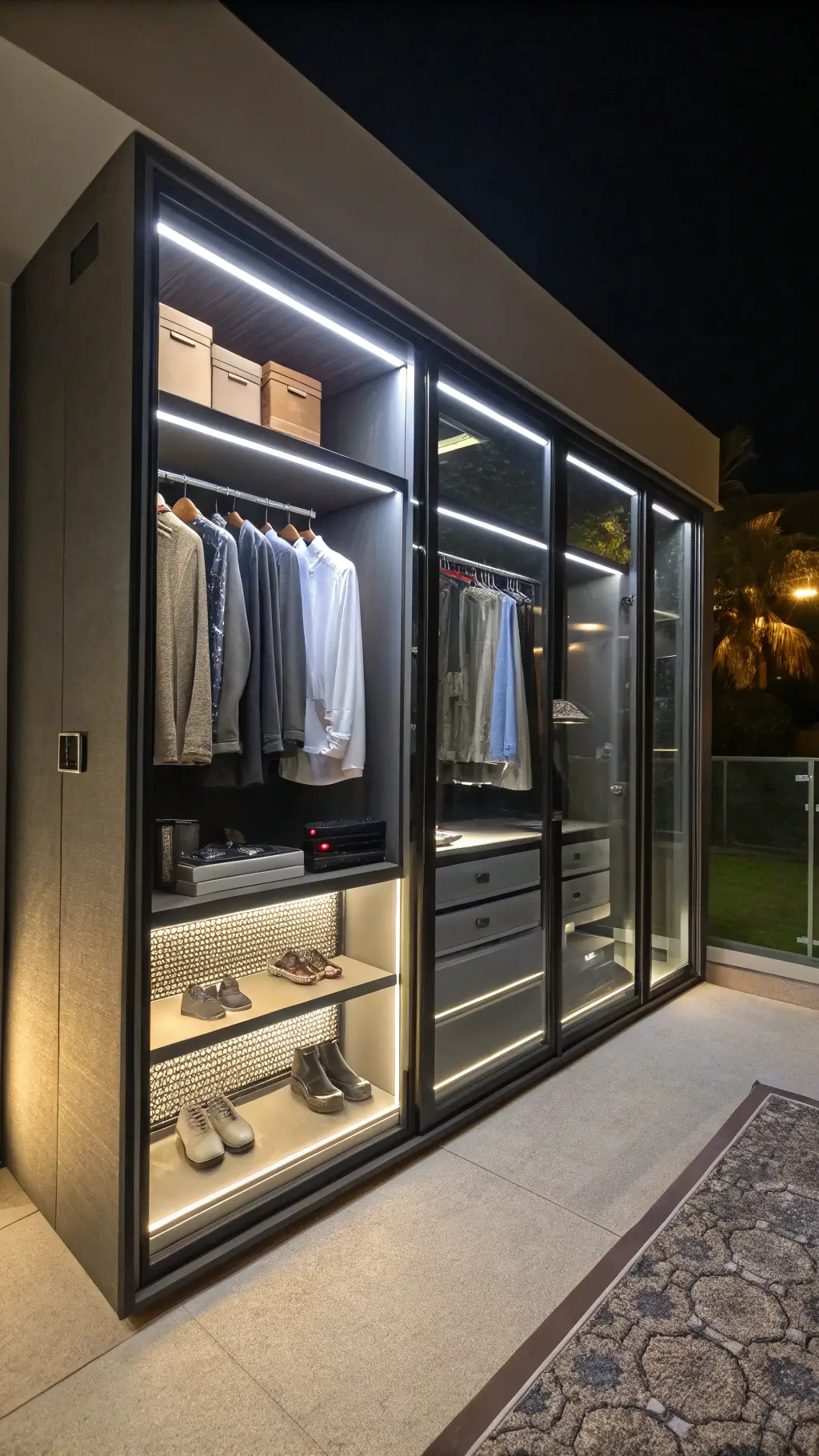 Futuristic 11x14ft tech-forward closet at night with motion-activated LED strips, glass-front cabinets, digital wardrobe management screen in mirror, automated clothing rack, modular storage system in graphite gray, hidden speakers, ambient lighting, and metallic mesh cabinet inserts.