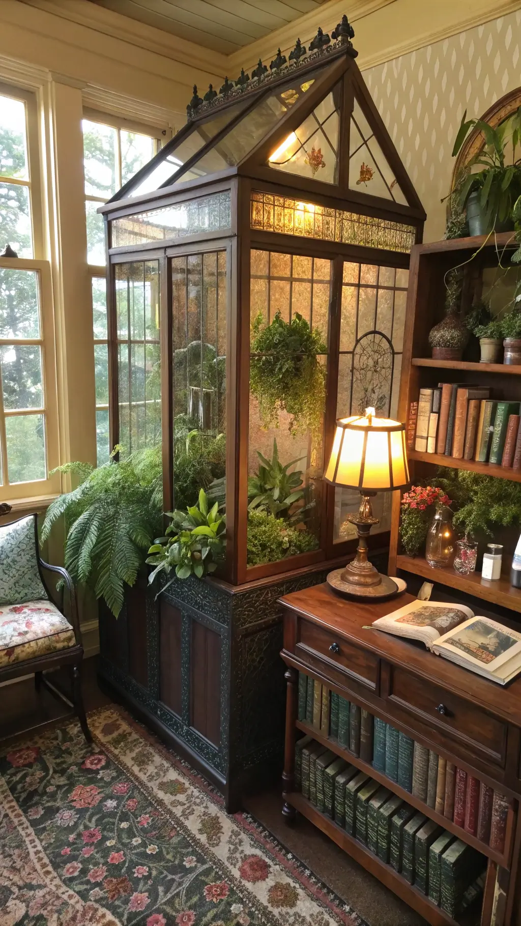 Victorian-style reading nook with greenhouse cabinet, exotic orchids, ferns, antique mirrors, stained glass light effects, vintage botanical books and brass misting bottles on teak table, shot with a wide-angle lens at f/5.6.