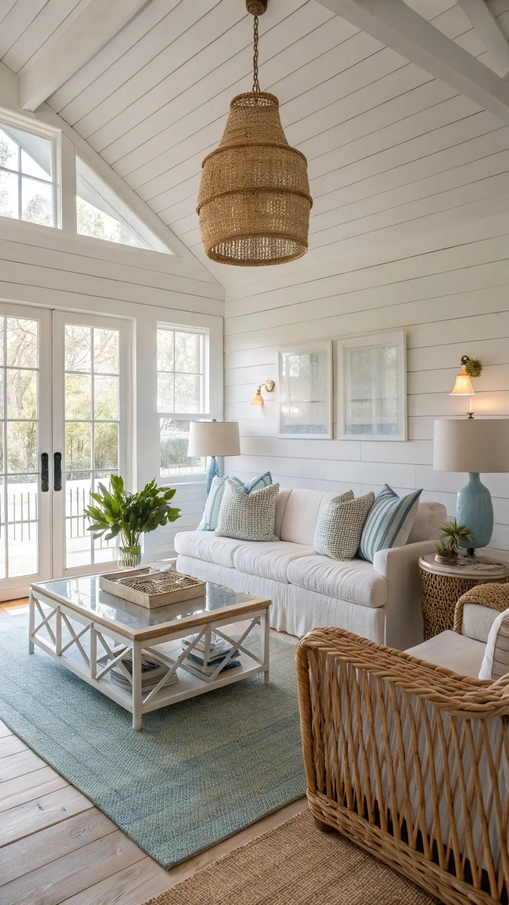 Coastal cottage living room in morning light featuring shiplap walls, rattan pendant, glass table lamps, LED-illuminated built-ins and natural fiber rug in a color palette of coastal blues and sandy beiges with soft focus for a dreamy atmosphere.