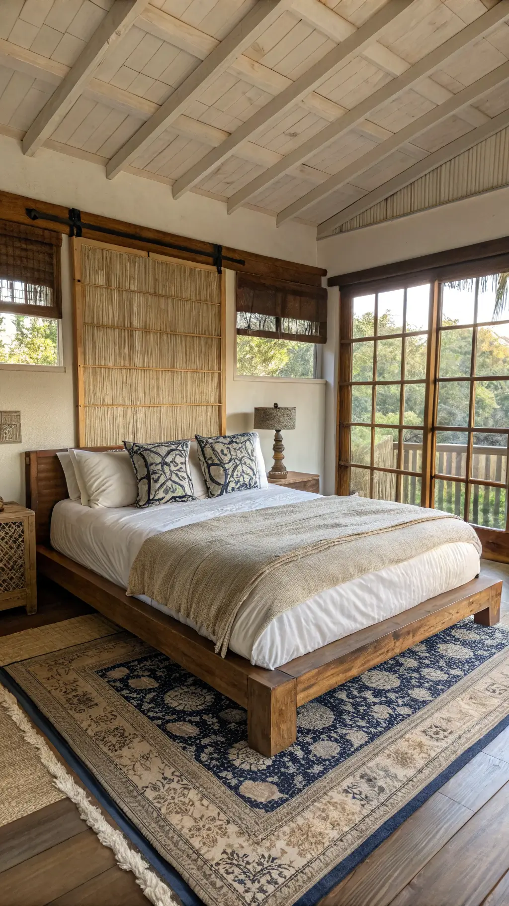 Bird's eye view of a tranquil 16x20ft bedroom at dawn, showcasing a vintage platform bed made from century-old pine, draped in shades of ivory raw silk bedding. Room details include handwoven bamboo window screens and faded vintage indigo textile art.