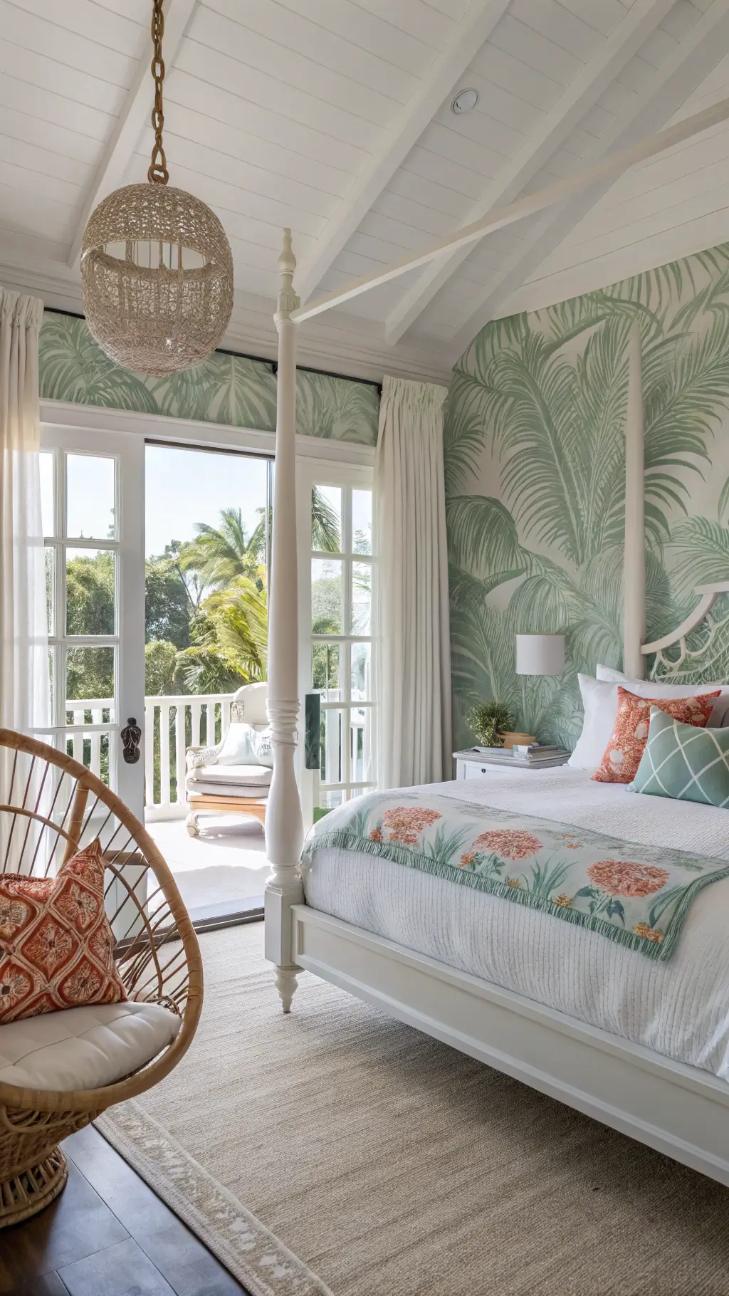 Bright, sun-drenched tropical coastal bedroom featuring statement palm leaf wallpaper, a whitewashed teak four-poster bed with coral and aqua accents, and a rattan hanging chair with tropical print cushions. The room has French doors opening to a private terrace, showcasing a seamless indoor-outdoor flow. The image is captured from an elevated point of view.