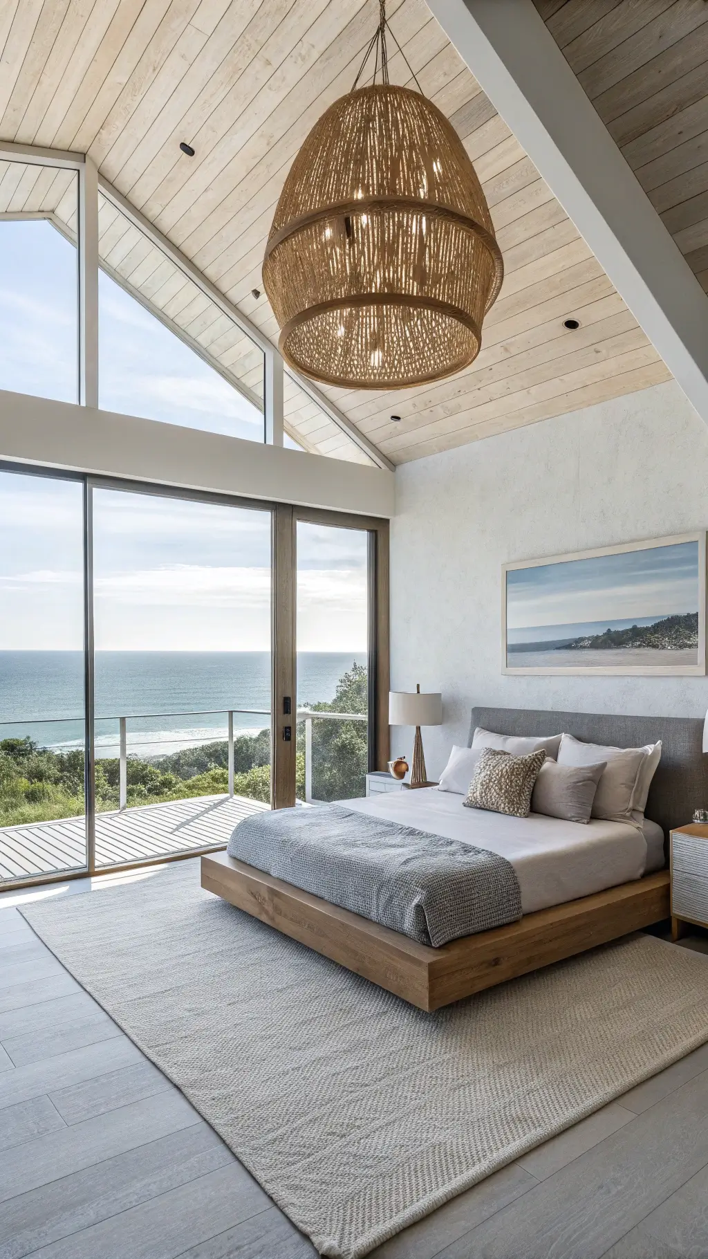 Spacious contemporary coastal bedroom with panoramic windows, greyed oak platform bed, and gradient blue-to-white ombré sheers, illuminated by natural light.
