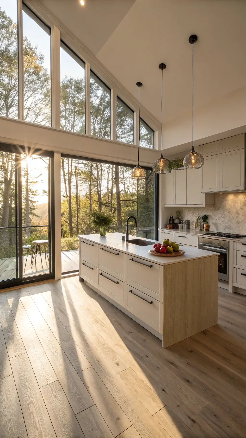 Sunny Nordic kitchen with floor-to-ceiling windows, oak flooring, minimal ash wood cabinets, central island with quartz countertop, hand-thrown ceramics and linens in oatmeal tones