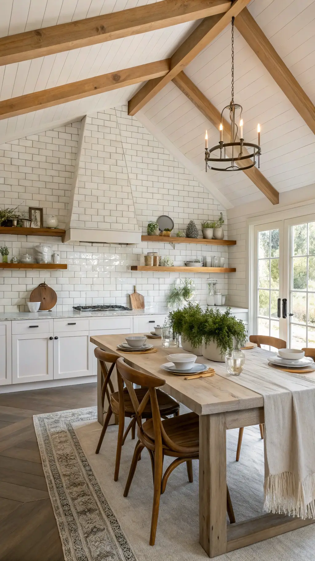 Lifestyle kitchen scene in morning light, showcasing vaulted ceiling, white brick wall with wooden beams, marble backsplash, minimalist pottery on wooden shelves, vintage farmhouse table set with linen runners, artisanal stoneware, fresh-baked cardamom buns in chalk white, warm beige and sage green hues.