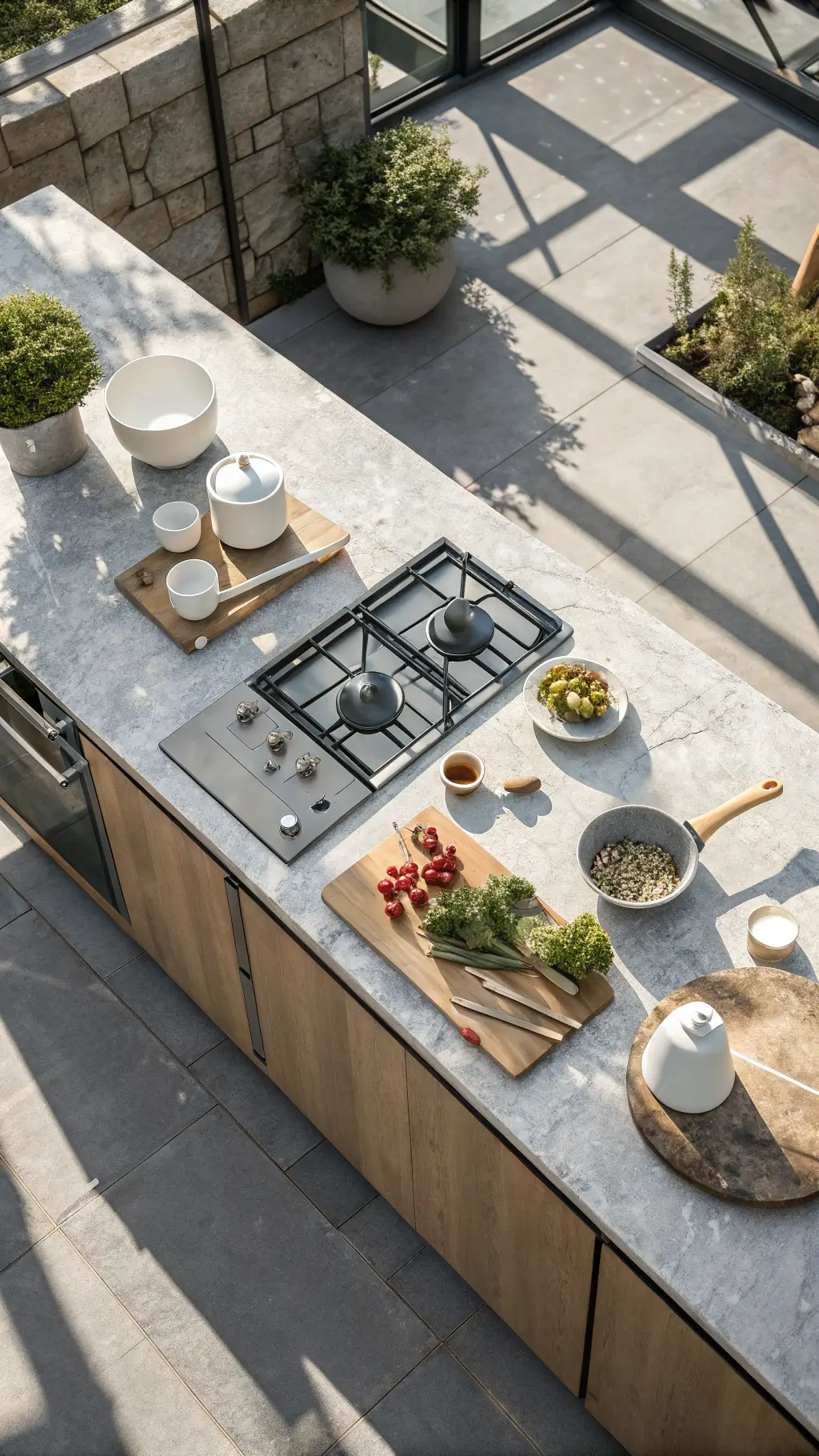 Overhead view of a Nordic kitchen island with honed granite surface, professional-grade cooktop, white ceramic vessels, wooden utensils, fresh ingredients, and direct top lighting.