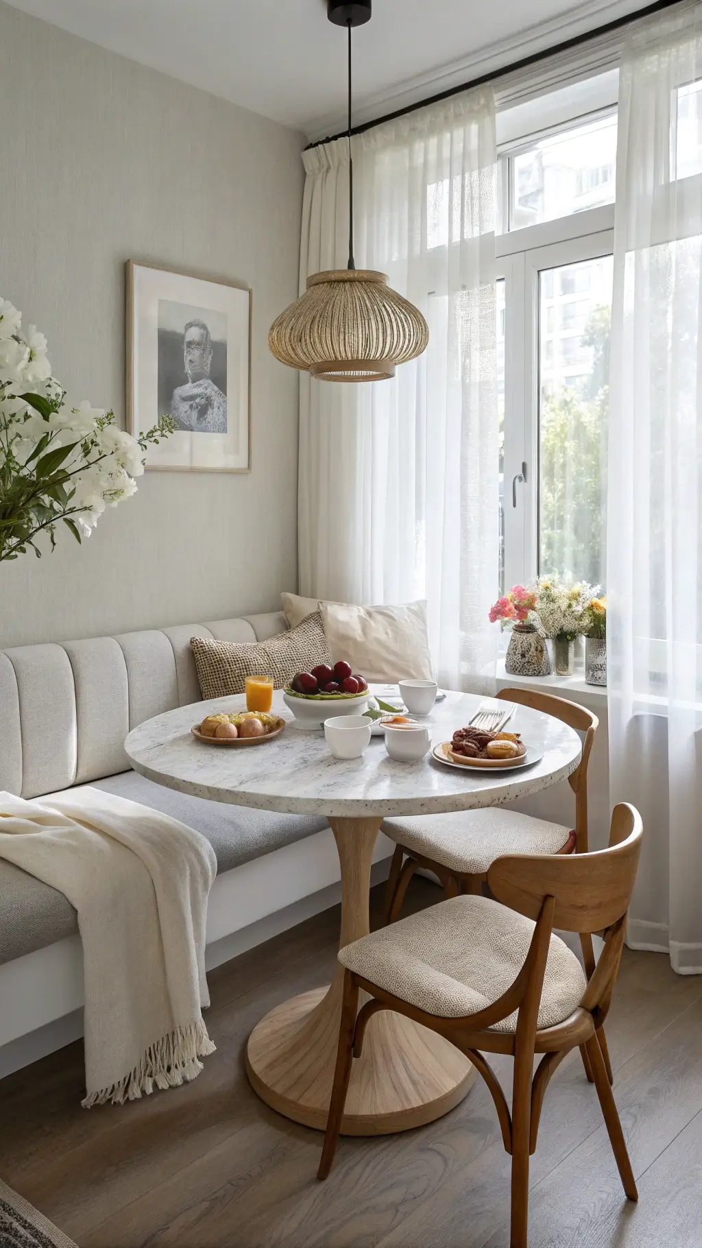 Cozy Nordic breakfast nook featuring a round marble table, bentwood chairs and oatmeal linen banquette with sheepskin throws, bathed in soft dawn light filtered through sheer curtains. The space is styled with handmade ceramics, fresh flowers, and a traditional breakfast.