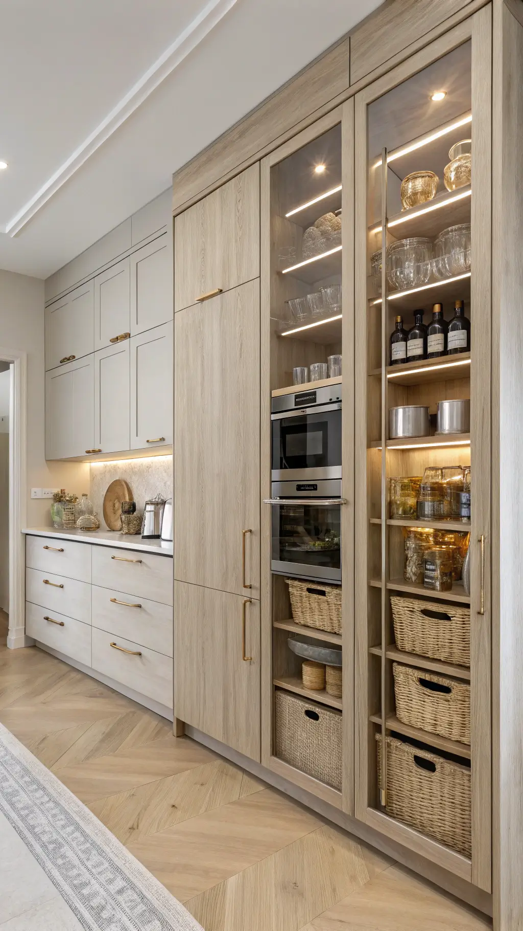 Modern Nordic kitchen with floor-to-ceiling pale ash cabinets, integrated appliances, custom pull-out pantry systems, styled with organized pantry items in glass containers and woven baskets, with minimal brushed brass hardware and subtle color accents, under afternoon light.