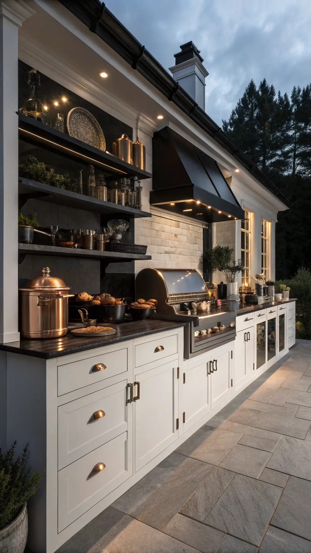 Nordic kitchen prep area at dusk with professional-grade appliances, black stone countertops contrasting white cabinetry, and copper cookware on open shelving, under dramatic side lighting.
