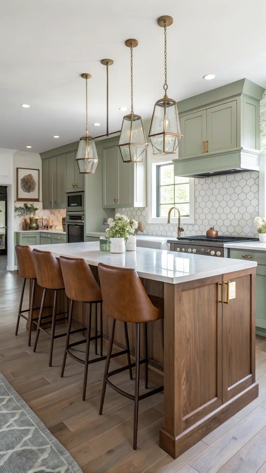 Contemporary 9x11ft kitchen with white and walnut peninsula, sage green cabinets with brass handles, and pale gray countertops, viewed from dining area.