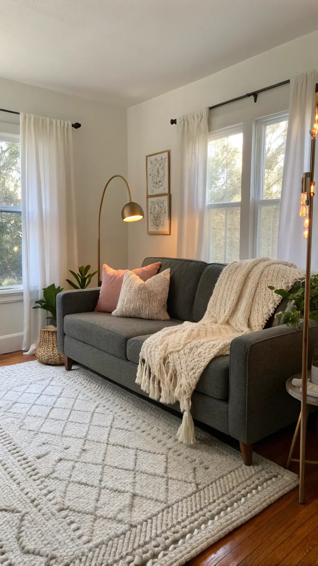 Cozy 15x18ft living room with dark grey sofa, pastel pillows, ivory throw, copper floor lamp, and white curtains, bathed in the golden hour light.