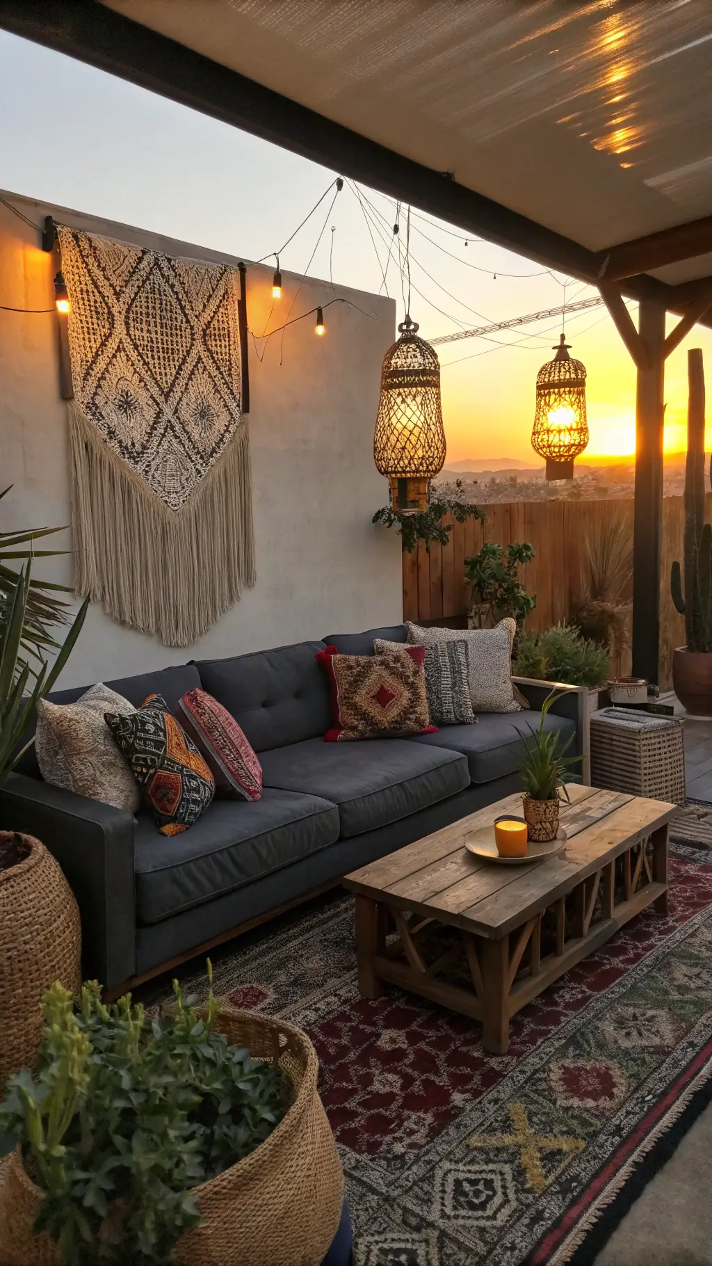 Eclectic 18x24ft living room at sunset with dark grey sofa, colorful Kilim pillows, macramé wall hangings, brass lanterns, teak coffee table, monstera plants, and dramatic side lighting.