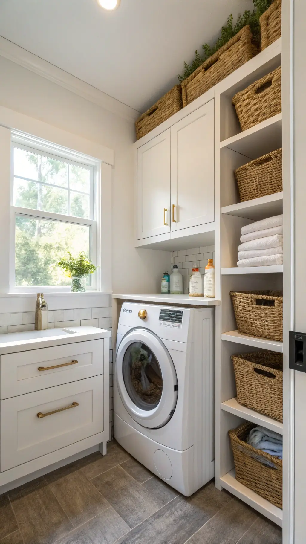 Interior of a compact laundry closet featuring white washer/dryer set, shaker cabinets with brass handles, custom shelving holding organized cleaning supplies, and a quartz countertop lit by morning light.