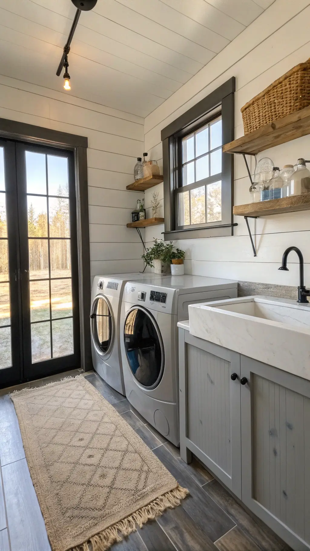 Modern farmhouse laundry room with afternoon sunlight streaming through double windows, gray appliances on shiplap walls, vintage decorations on wooden shelves, a deep sink with matte black faucet, rustic sliding barn door, and a jute runner on slate floor.