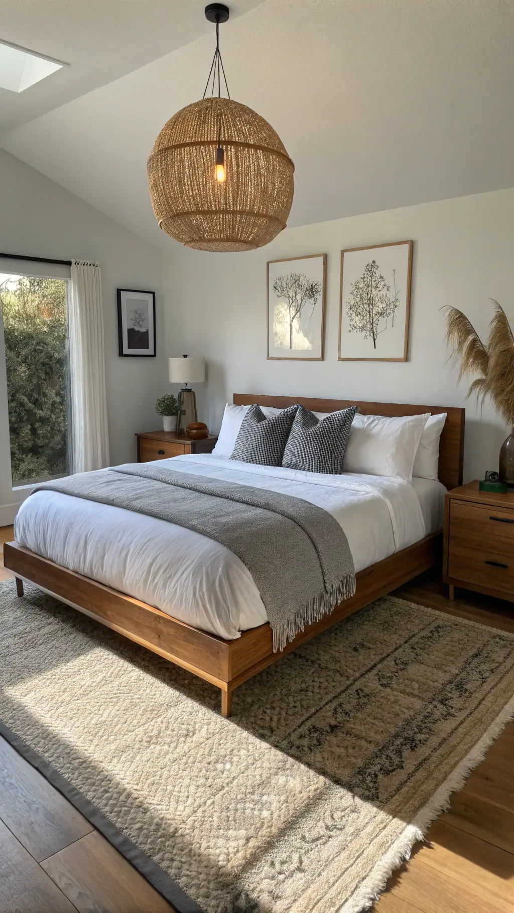 Golden hour view of intimate 12x14ft bedroom with walnut platform bed, white linen bedding, grey cashmere throw, bamboo pendant light, natural jute rug, black ink artwork, clay bedside vessels and floating walnut nightstands.