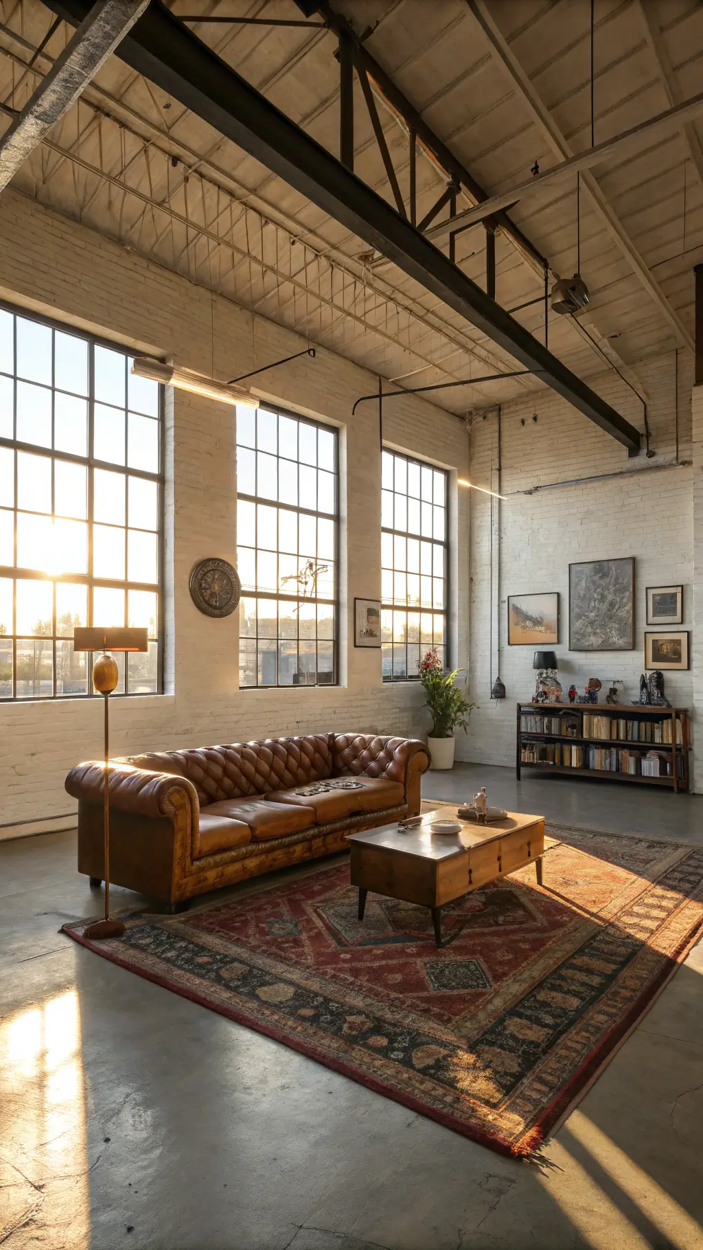 Vintage industrial living room with Chesterfield sofa, reclaimed beam coffee table, Persian rugs, black steel bookshelf, and wall art, warmly lit during golden hour.