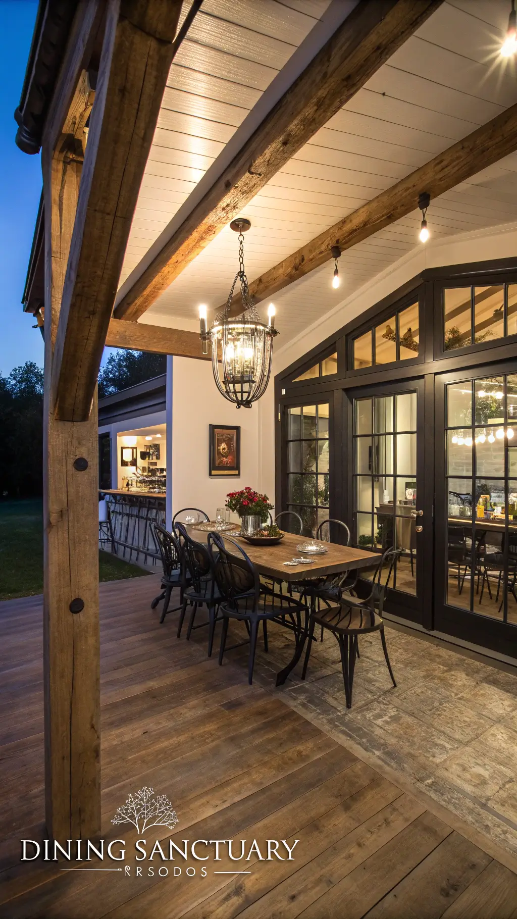 Dining Sanctuary featuring oversized Edison chandelier, custom table made of salvaged factory flooring, leather-seated metal chairs, and a sliding barn door pantry set against a gallery wall of vintage industrial patents, all under warm and ambient mixed lighting.