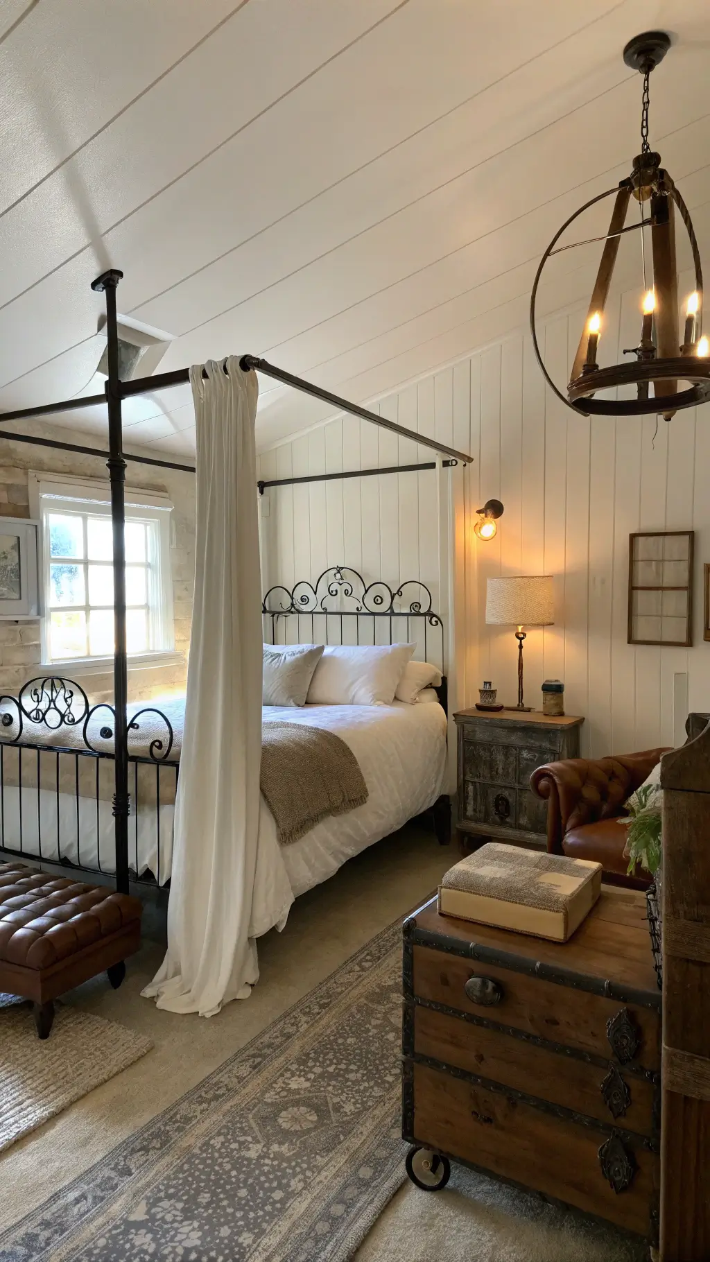 Vintage iron canopy bed with reading lights and bedside table made from old factory cart in a spacious 16x20ft master bedroom at dawn.