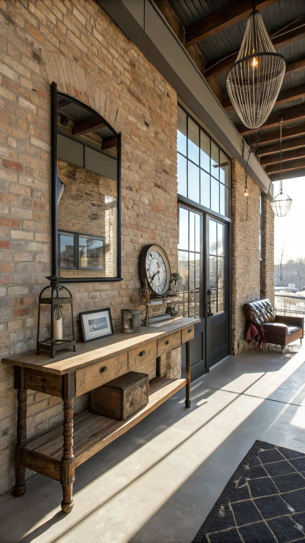 Exposed brick wall contrasts with modern steel-framed mirror in a 10x12ft foyer, featuring a reclaimed wood console displaying vintage scales and industrial artifacts, a massive factory window wall art, and a worn leather bench under a wire mesh pendant light casting geometric shadows in late afternoon.