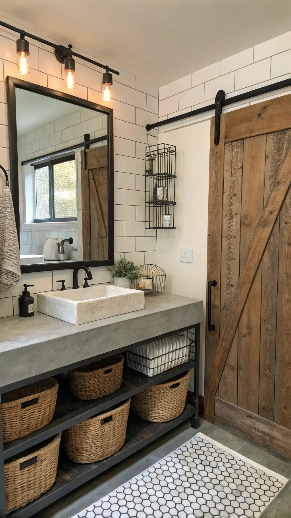 Spa-like bathroom sanctuary featuring a concrete vanity with integrated sink, black steel-framed mirror, frosted glass sliding barn door, open shelving from plumbing pipes and reclaimed wood, subway tile with dark grout, and mixed metal fixtures.