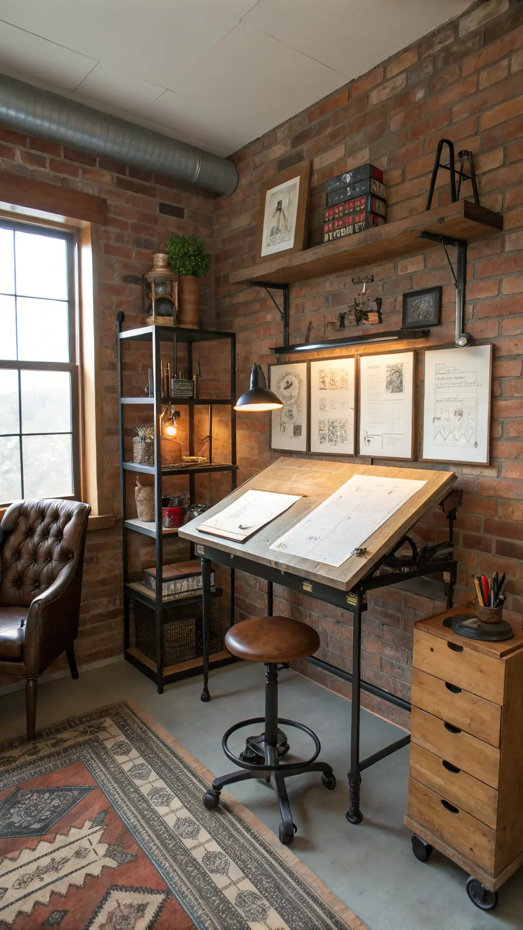 Vintage industrial style home office with drafting table, crafted shelving system, exposed brick wall with blueprints, wall-mounted brass lamps, leather club chair and strong natural light streaming through large windows.