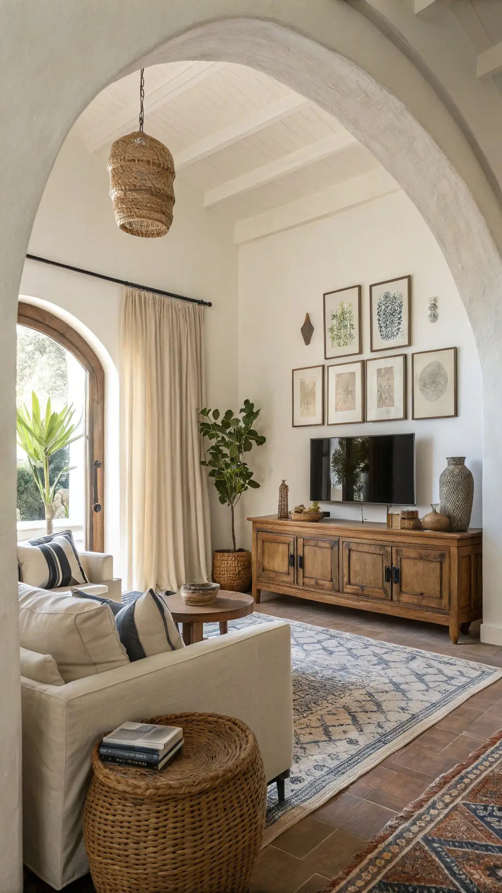 Bright and intimate living room with architectural archway, West Elm oatmeal linen sofa, rattan accent chairs, teak media console with ceramics and brass objects, wall gallery with abstract prints and woven baskets, layered Moroccan rugs, bathed in soft morning light filtering through sheer curtains.