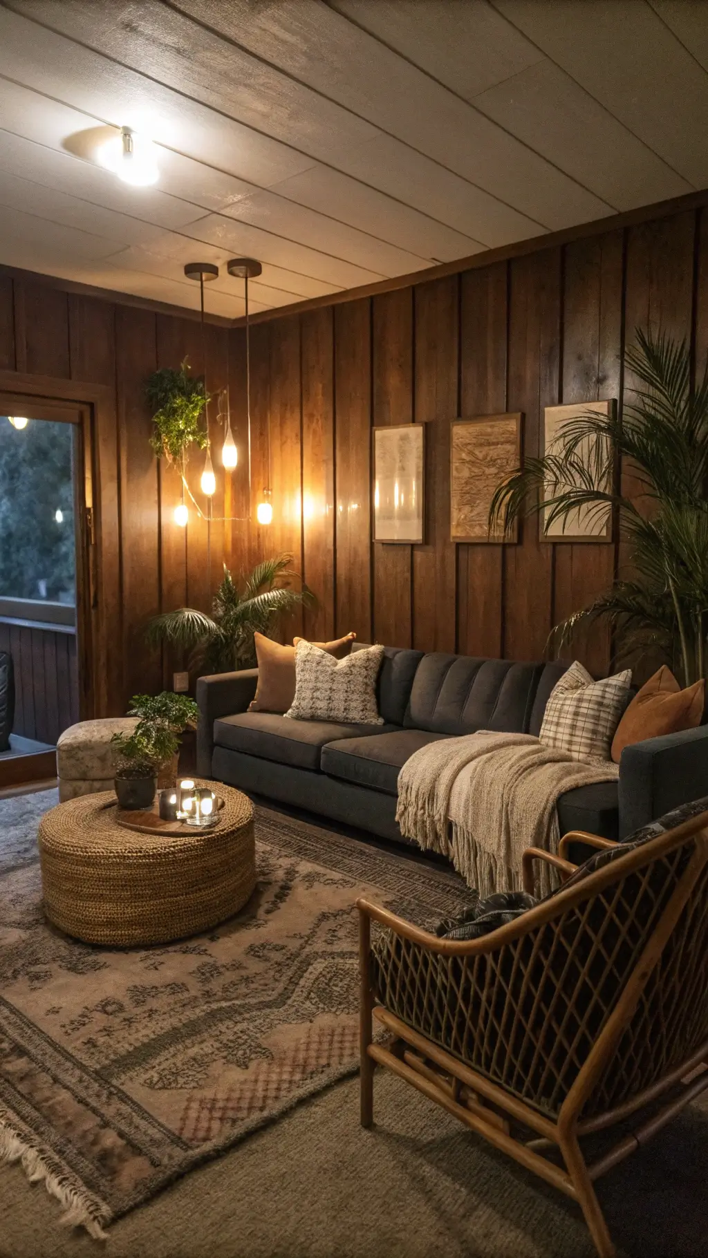 Vintage bohemian-style sitting room with 1960s wood paneling, brass sconces, charcoal sectional, mud cloth pillows, knit throws, a rattan peacock chair, and trailing pothos plants.