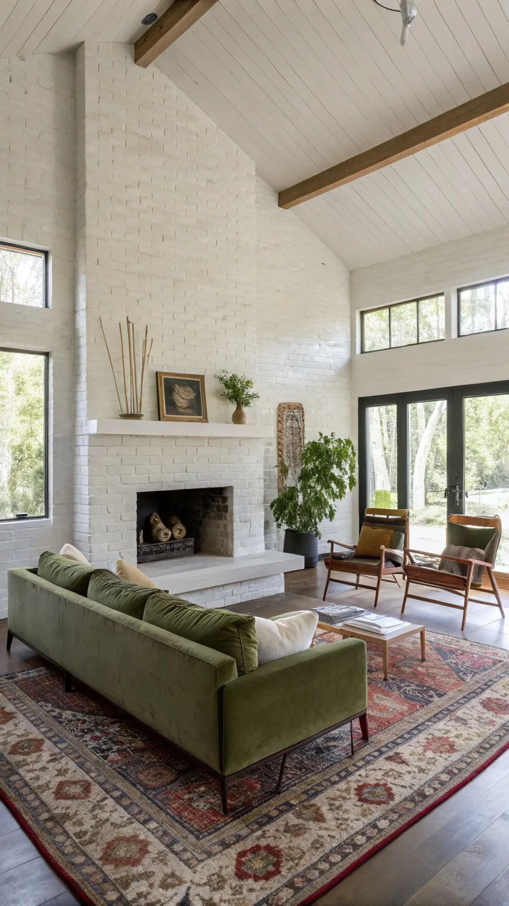 Bright, spacious 18x22ft living room featuring a distinctive concrete fireplace, an olive green velvet platform sofa on a vintage Persian rug, leather safari chairs, and a large macramé installation. The room basks in mid-day sun, accentuating the texture of the white painted brick and giving an earthy modern aesthetic.