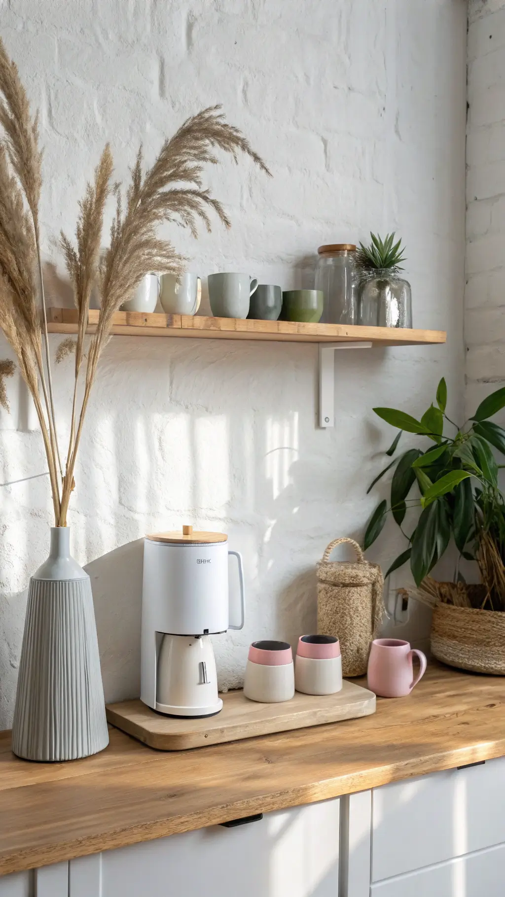 Scandinavian coffee corner bathed in morning light, with pale oak counter, matte white coffee machine, ceramic canisters, handmade pottery mugs, clear vase with dried pampas grass, and green swiss cheese plant.