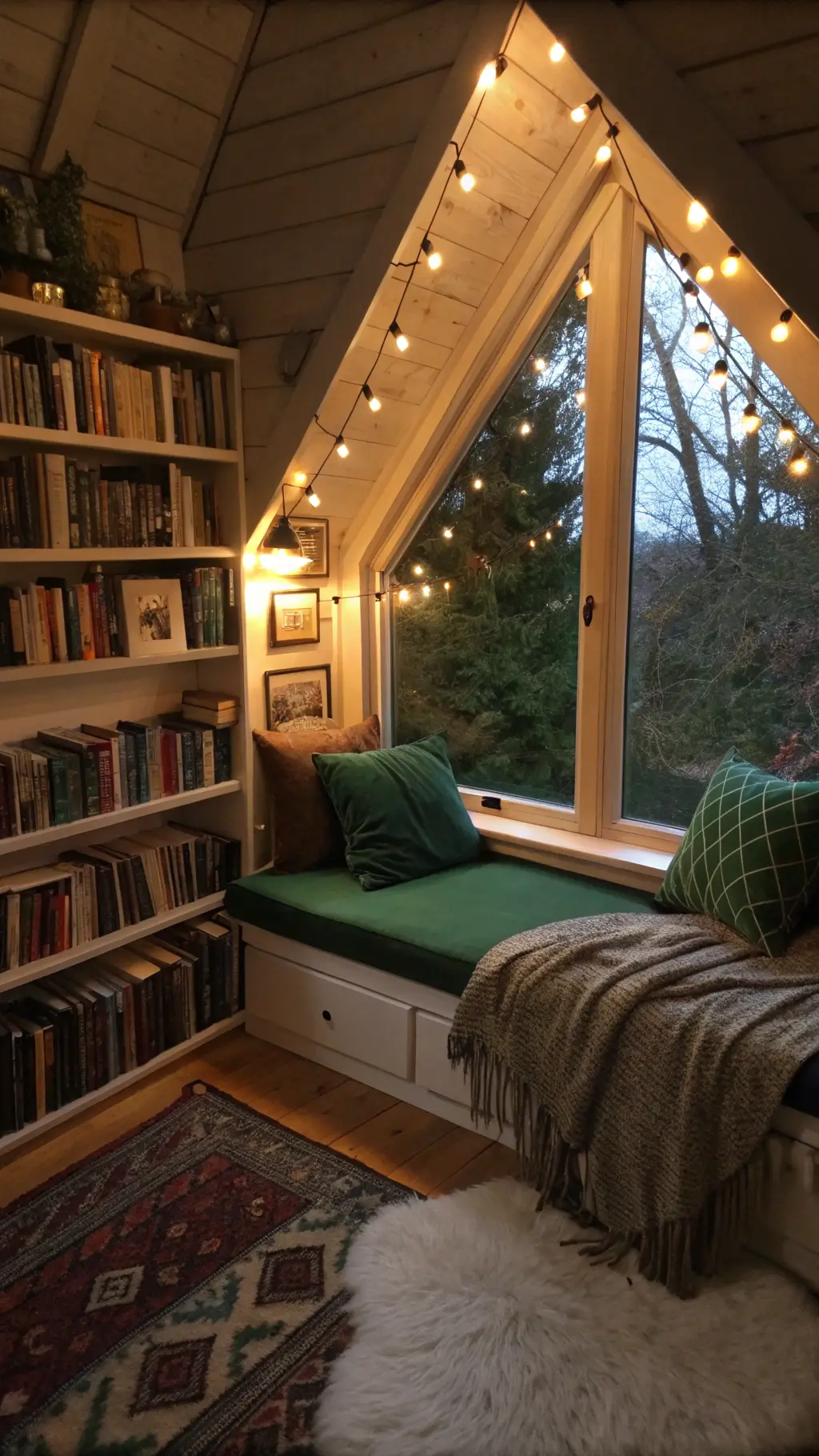 Cozy cabin loft reading nook under dormer window with green velvet cushions, illuminated by warm string lights, surrounded by built-in bookshelves and earth-toned wool throw at dusk.