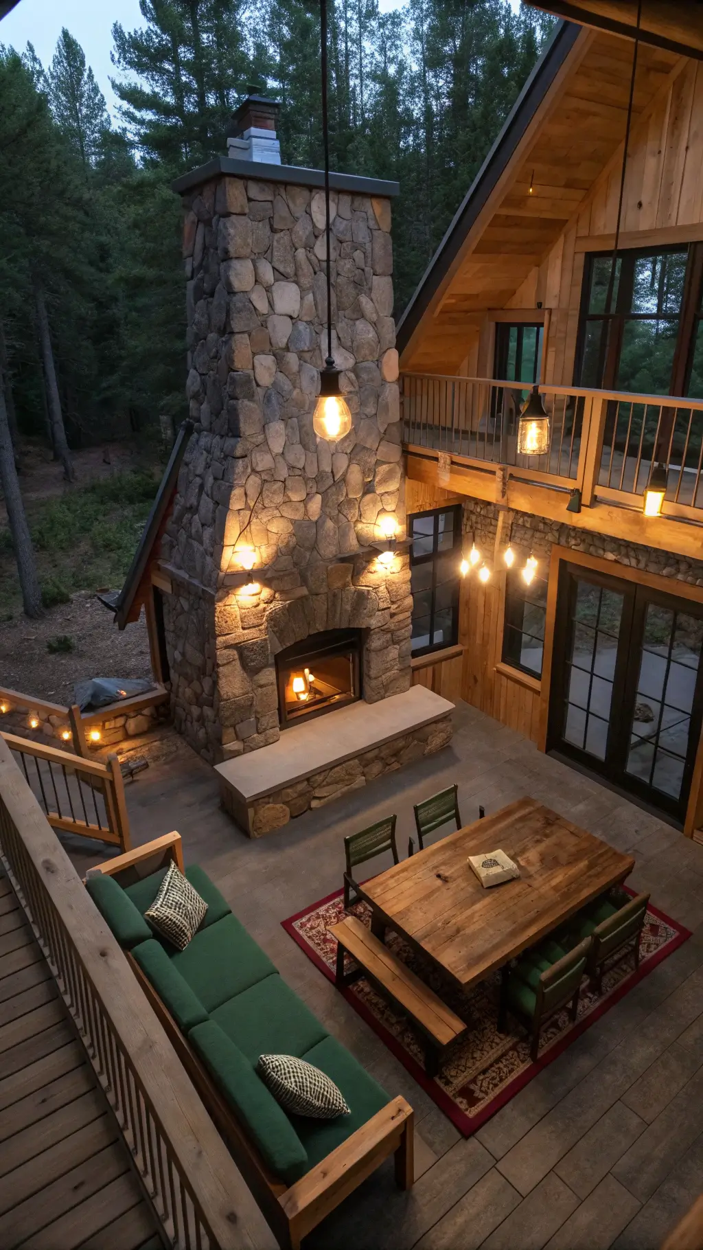 Overhead view of a cozy 450 sq ft cabin's main living area, featuring a stone fireplace, built-in benches with green cushions, a reclaimed wood dining table under warm pendant lights, from a loft perspective.