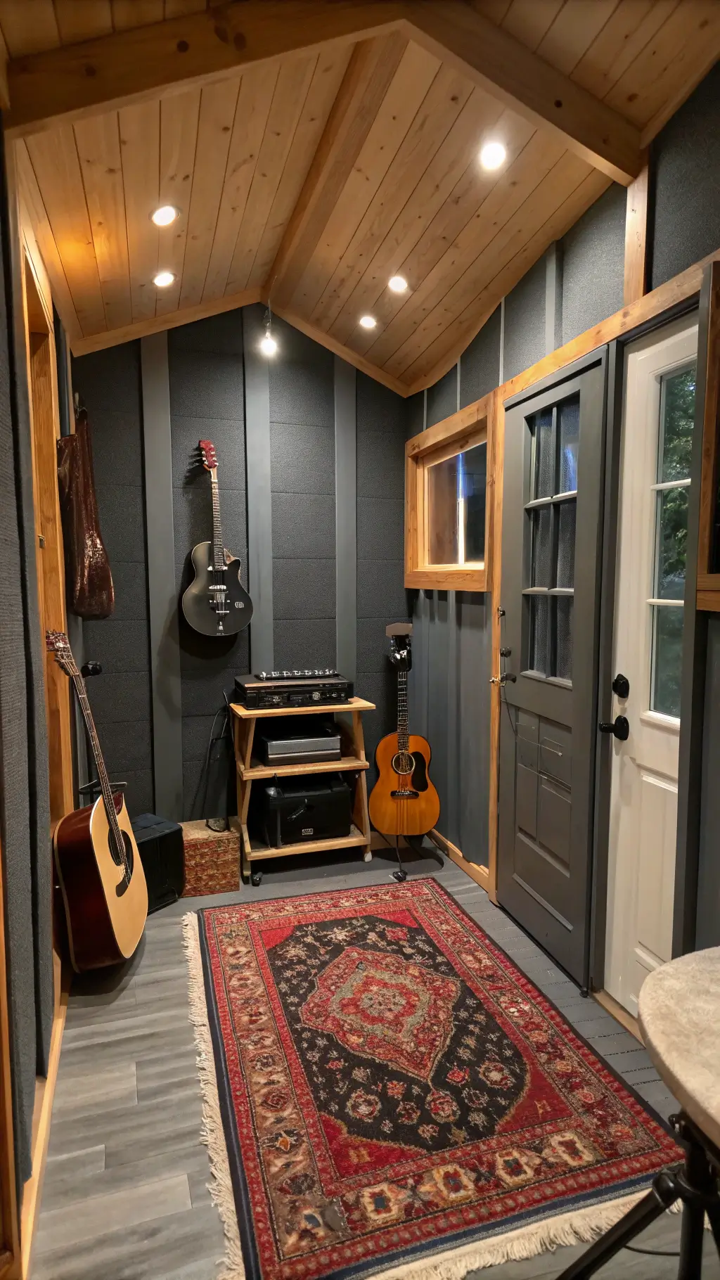 Cozy 8'x10' musician's studio in twilight ambiance with alternating charcoal gray sound-dampening panels and warm cedar planking, instrument wall displaying acoustic guitars, compact recording station with vintage amps, vibrant Moroccan rug, and warm LED lighting.