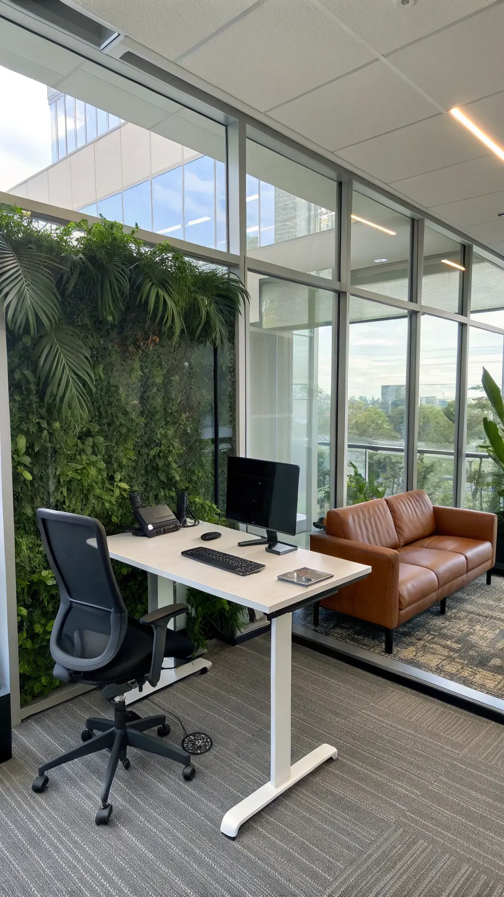 Modern 10'x14' tech professional's office with glass walls, standing desk, living wall of tropical plants, low-profile leather sofa, and full tech integration in bright natural light.