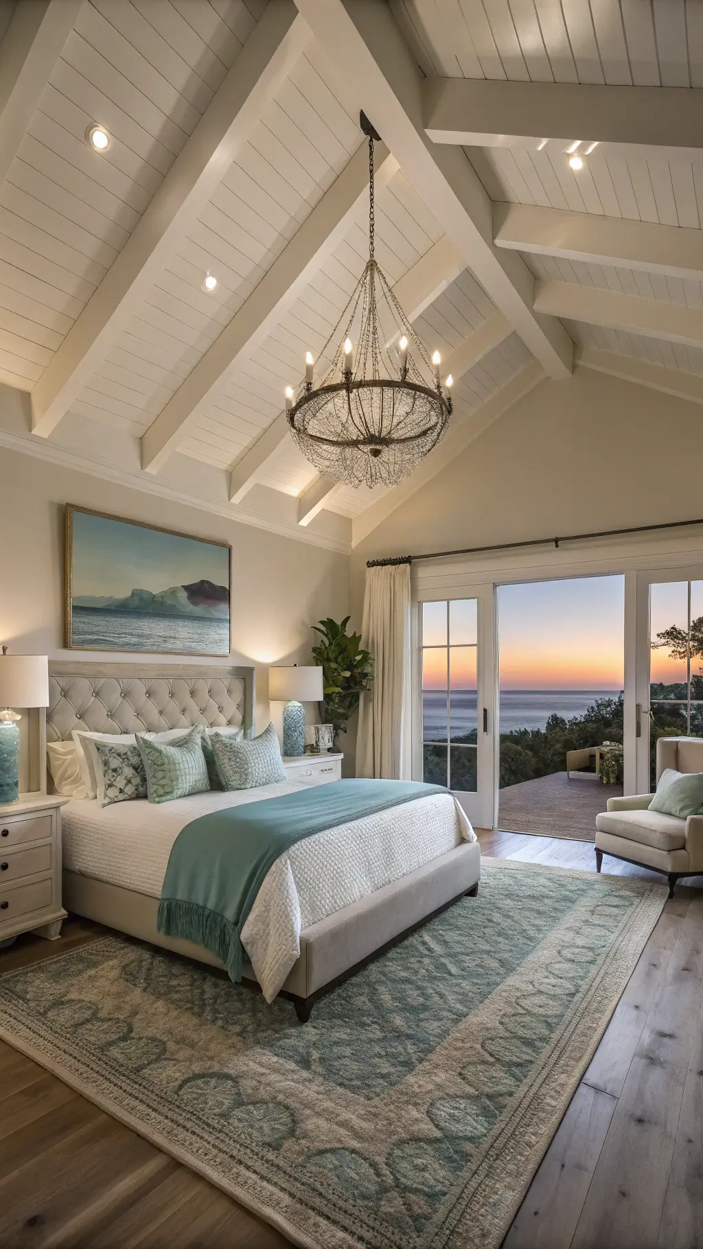 Primary bedroom with vaulted ceiling and exposed beams, California king bed with ivory and pale aqua linens, abstract ocean artwork, driftwood chandelier, layered rugs, potted palms, and coastal neutral colors with deep teal accents at sunset.