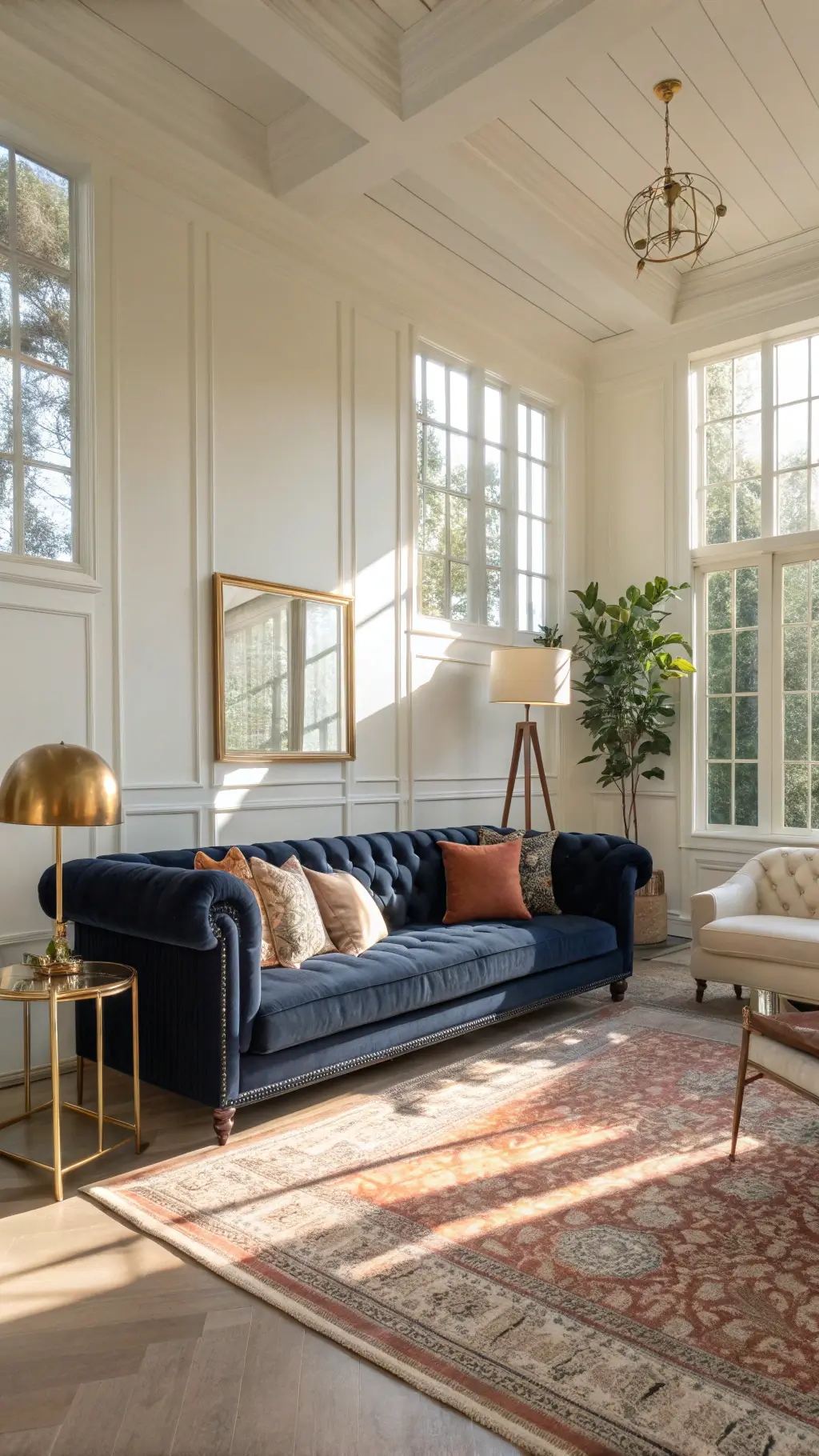 Bright living room with large windows, featuring a luxurious navy velvet Chesterfield sofa, brass floor lamp, cream bouclé accent chairs, and a vintage Persian rug in muted coral tones bathed in afternoon light.