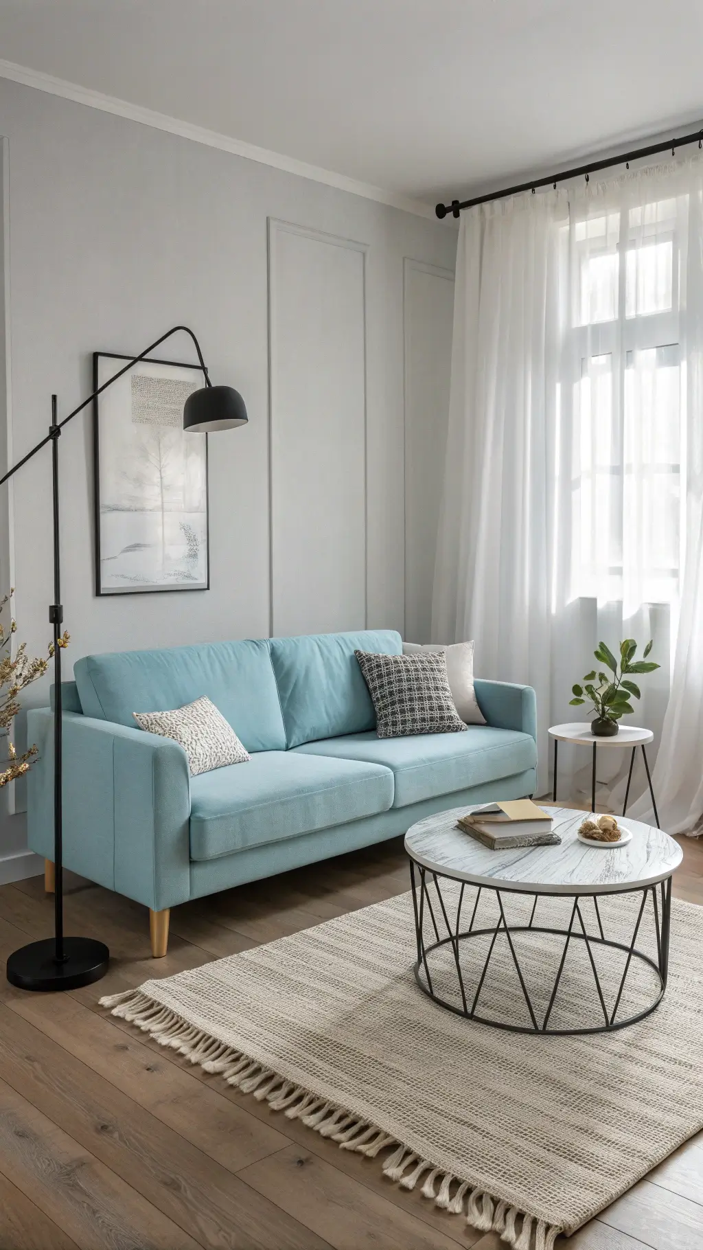 Scandinavian living room with pale oak flooring, powder blue sofa on light gray wall, white marble coffee table, black metal lamp, geometric wool rug, chunky knit throws and raw cotton pillows with cool crisp lighting.