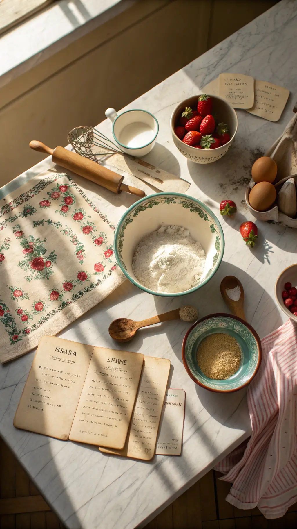 Vintage kitchen workspace with 1940s enameled work table, ceramic mixing bowls, wooden spoons, vintage recipe cards, ingredients and patterned linens, highlighted by natural skylight.